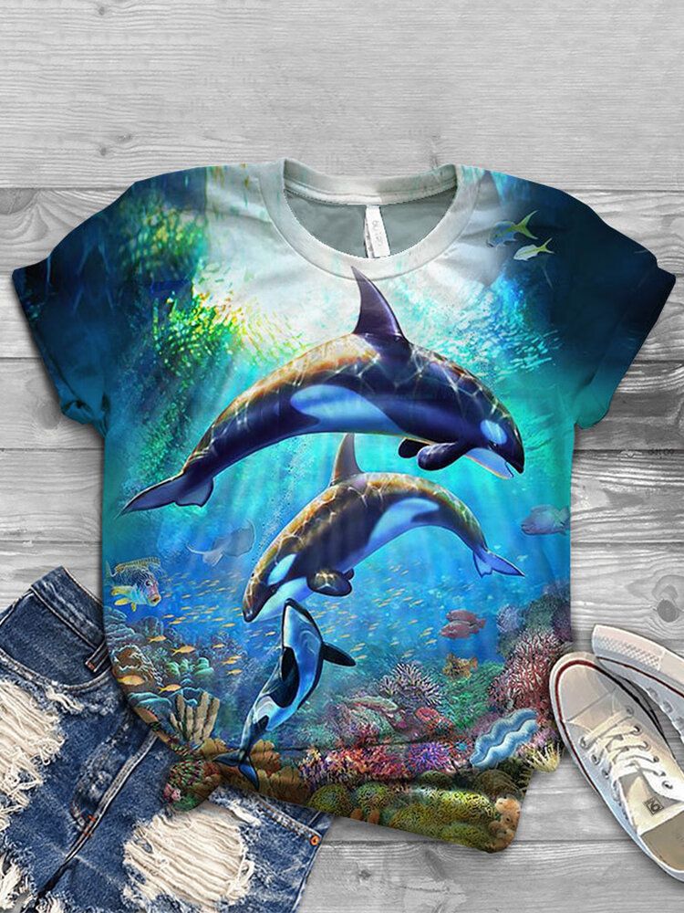 Kvinnor Ocean Whale Animal Print O-ringad Casual Kortärmade T-shirts