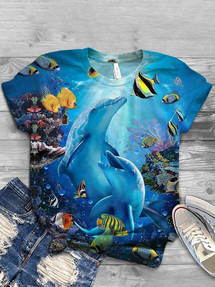 Kvinnor Ocean Whale Print O-ringad Casual Kortärmade T-shirts