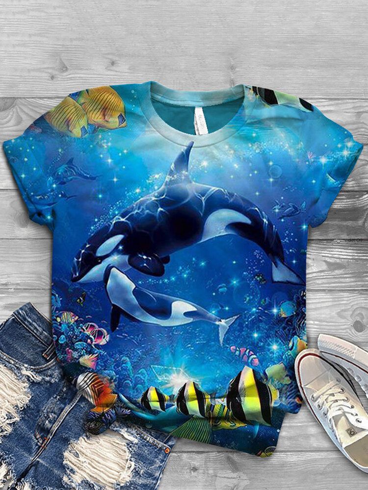 Kvinnor Ocean Whale Print O-ringad Casual Kortärmade T-shirts