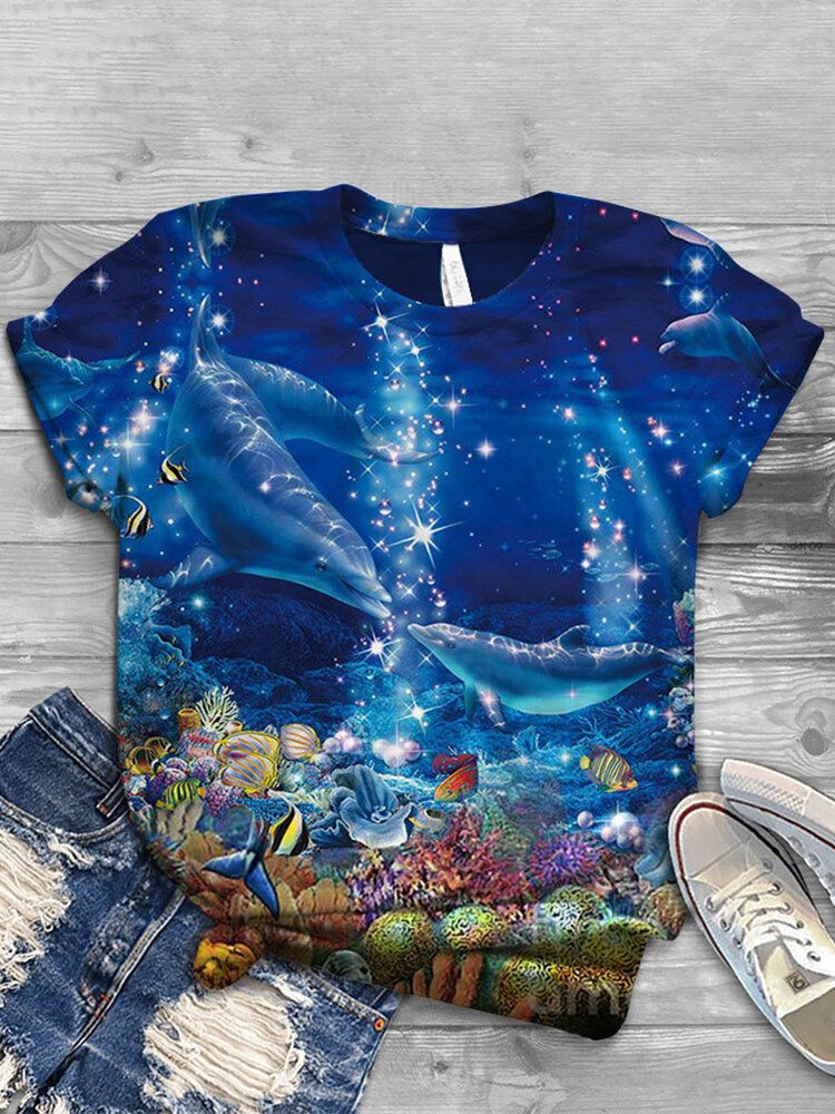 Kvinnor Ocean Whale Print O-ringad Casual Kortärmade T-shirts