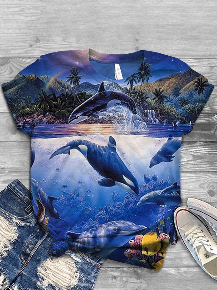 Kvinnor Ocean Whale Print O-ringad Casual Kortärmade T-shirts