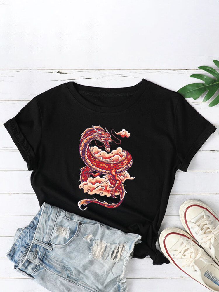 Kvinnor Oriental Dragon Graphics O-ringad Casual Kortärmade T-shirts