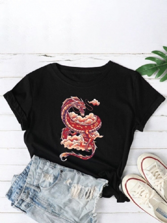 Kvinnor Oriental Dragon Graphics O-ringad Casual Kortärmade T-shirts