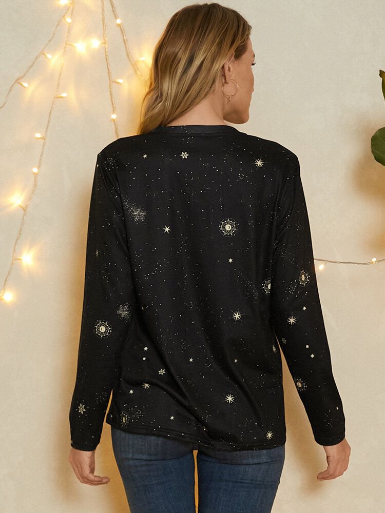 Kvinnor Skytten Tryck Stars Moon O-ringad Långärmad Casual T-shirt