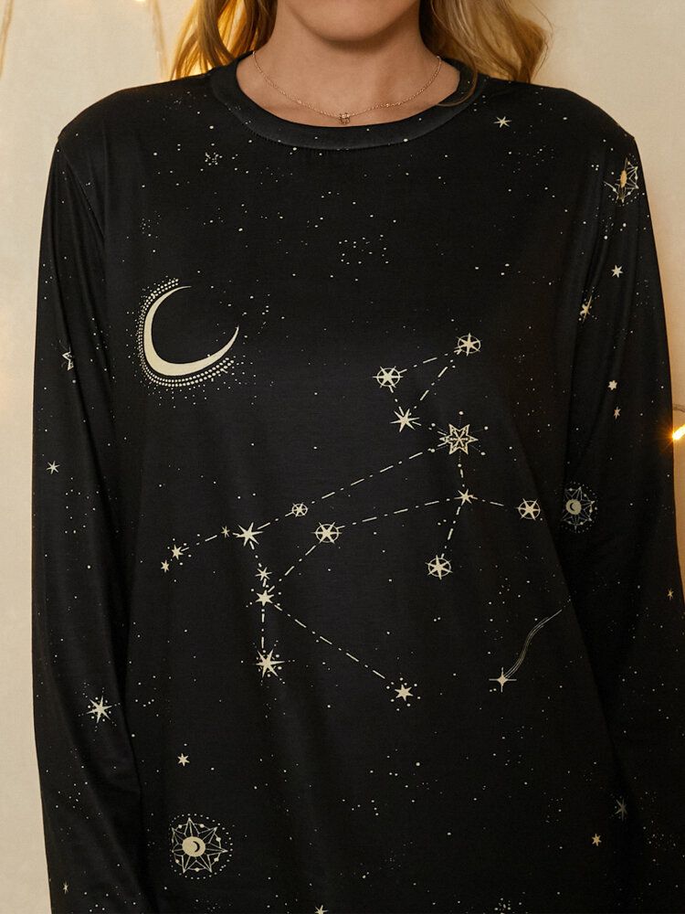 Kvinnor Skytten Tryck Stars Moon O-ringad Långärmad Casual T-shirt