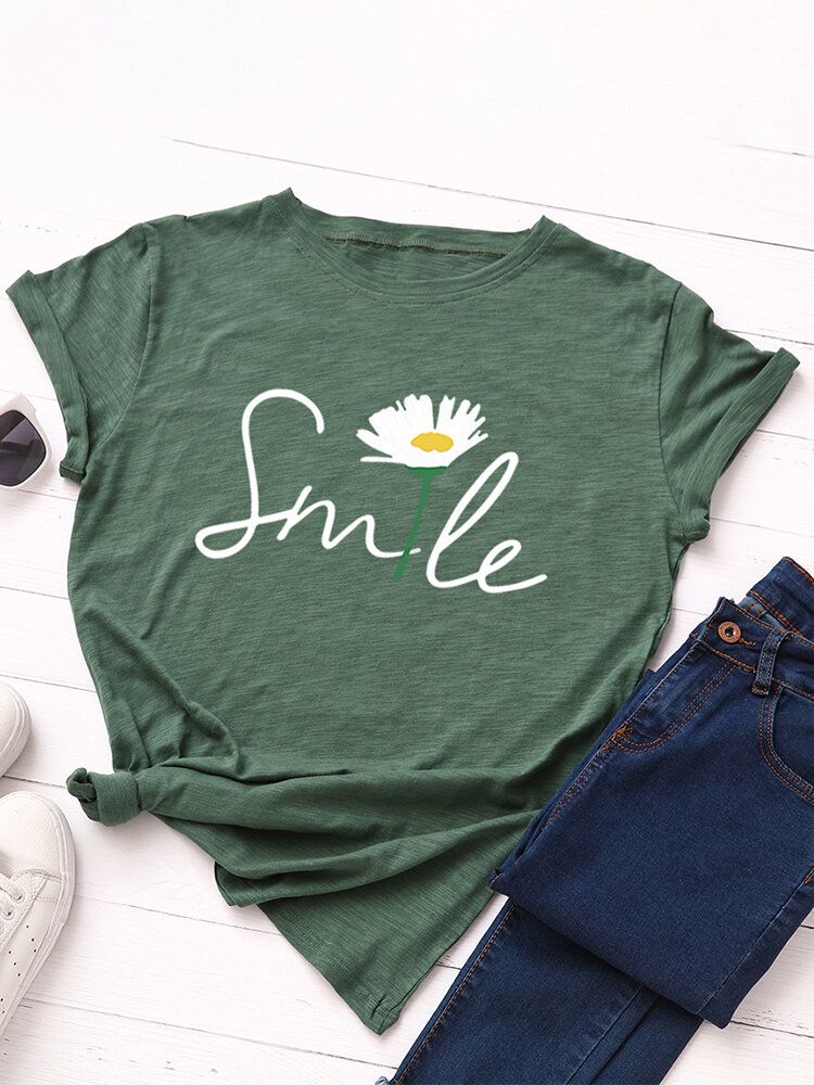 Kvinnor Smile Daisy Print Flerfärgad O-ringad Kortärmad Casual T-shirt