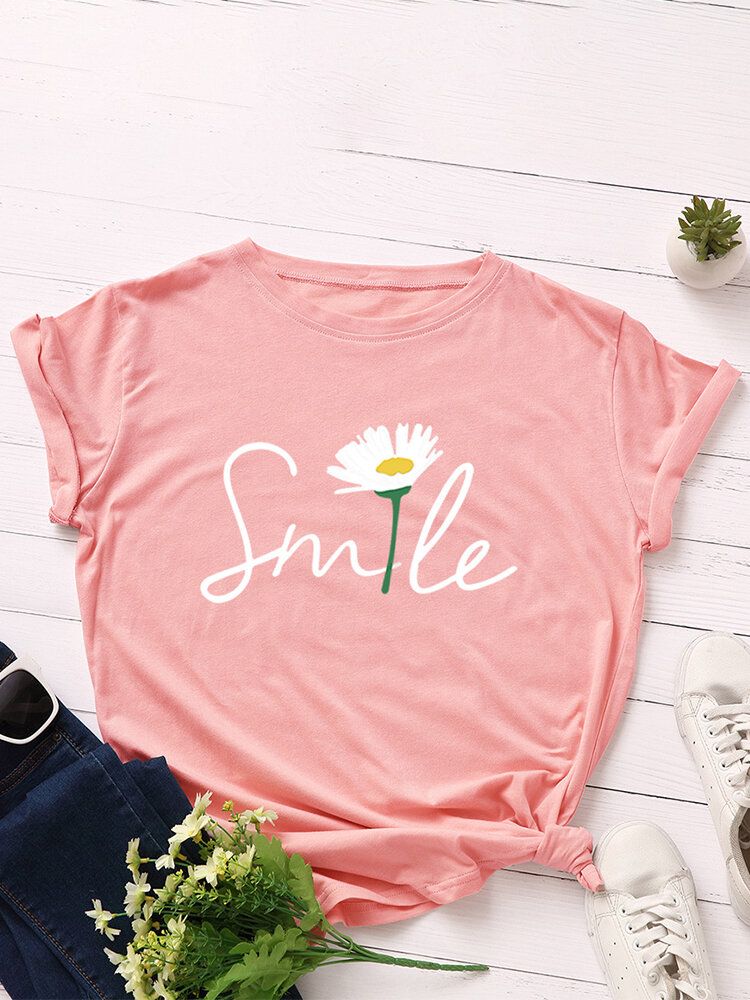 Kvinnor Smile Daisy Print Flerfärgad O-ringad Kortärmad Casual T-shirt