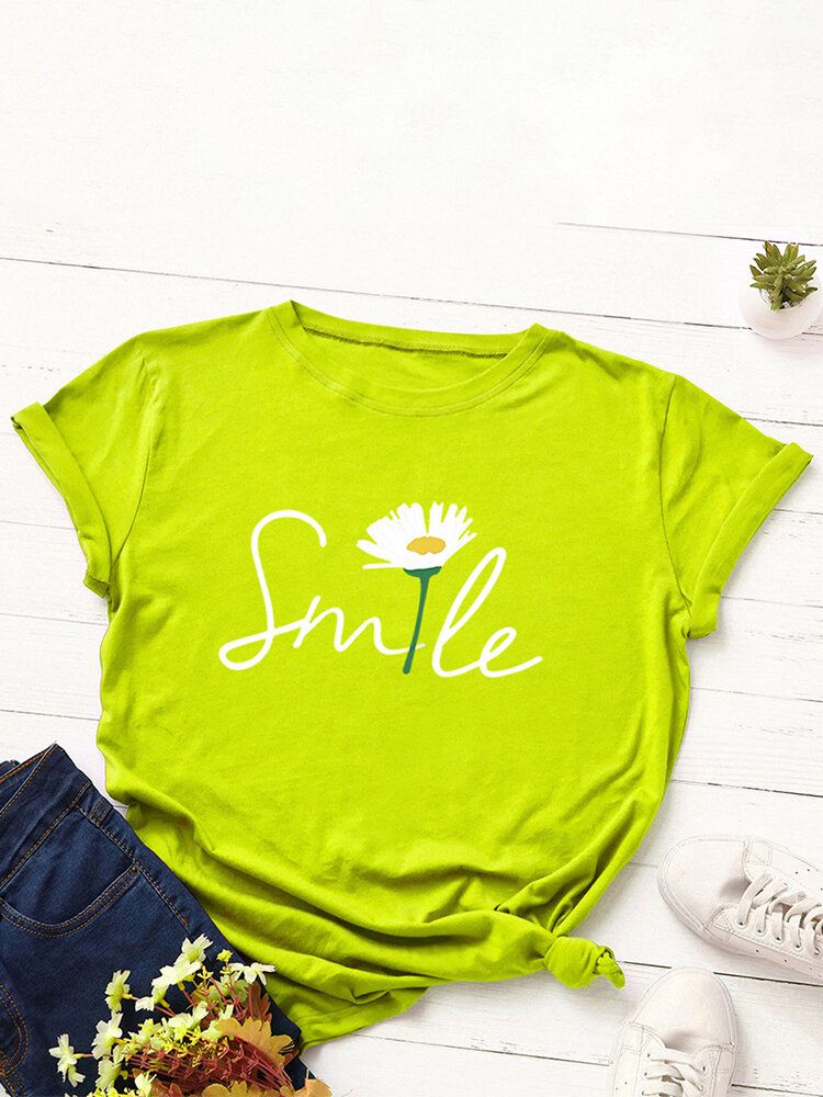 Kvinnor Smile Daisy Print Flerfärgad O-ringad Kortärmad Casual T-shirt