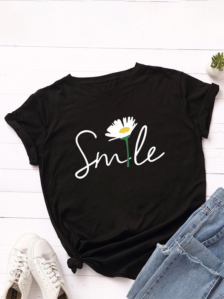 Kvinnor Smile Daisy Print Flerfärgad O-ringad Kortärmad Casual T-shirt