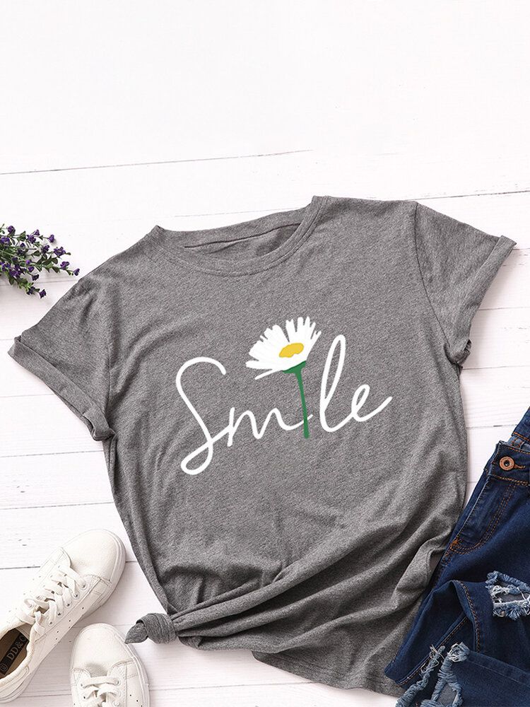 Kvinnor Smile Daisy Print Flerfärgad O-ringad Kortärmad Casual T-shirt