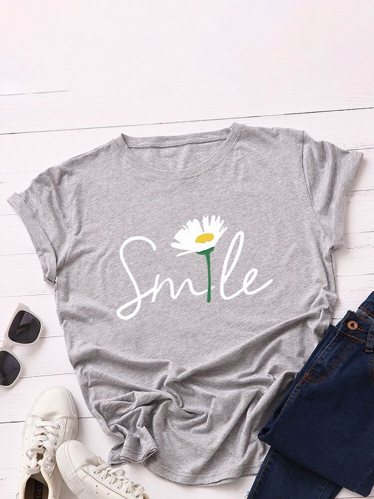 Kvinnor Smile Daisy Print Flerfärgad O-ringad Kortärmad Casual T-shirt