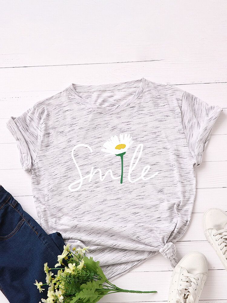 Kvinnor Smile Daisy Print Flerfärgad O-ringad Kortärmad Casual T-shirt