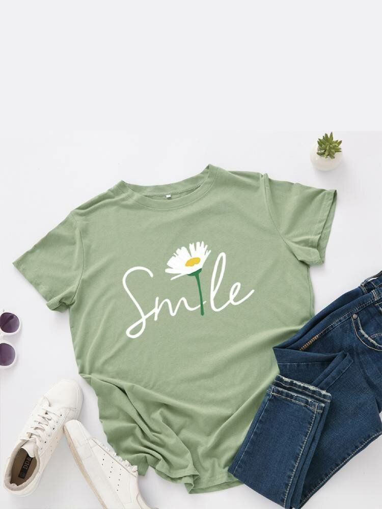 Kvinnor Smile Daisy Print Flerfärgad O-ringad Kortärmad Casual T-shirt