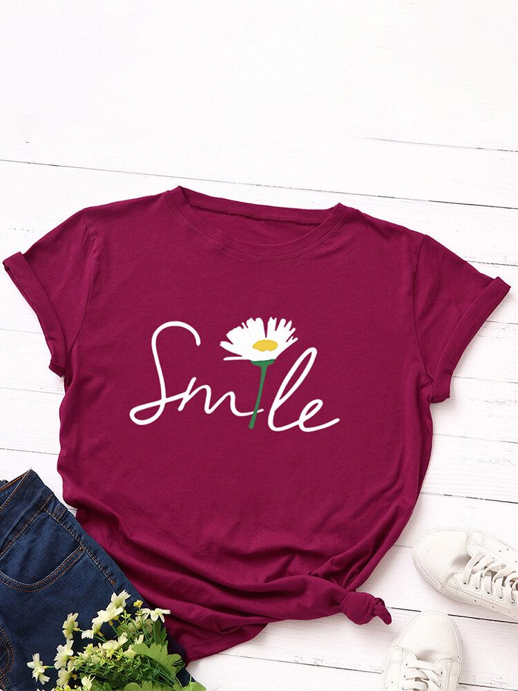 Kvinnor Smile Daisy Print Flerfärgad O-ringad Kortärmad Casual T-shirt