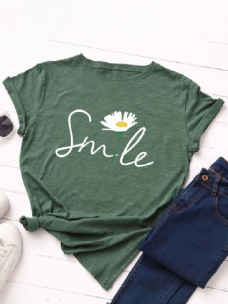 Kvinnor Smile Daisy Print Flerfärgad O-ringad Kortärmad Casual T-shirt