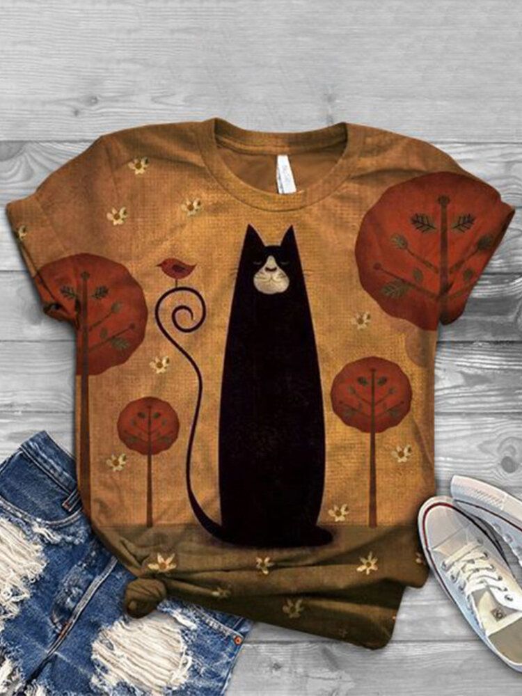 Kvinnor Söt Katt Blommönster Rundhalsad Casual Kortärmade T-shirts