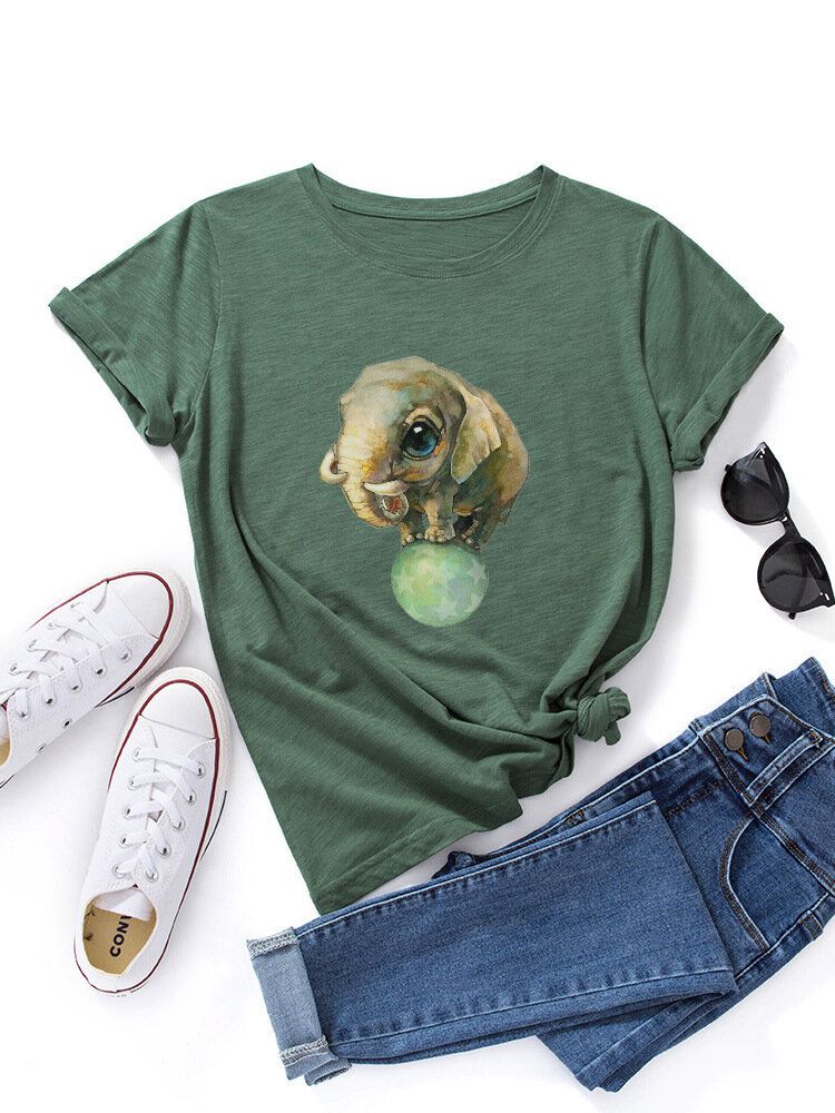 Kvinnor Söt Tecknad Elefant Grafiskt Tryck Flerfärgad O-ringad Kortärmad Casual T-shirt