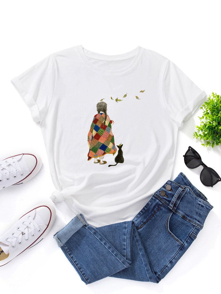 Kvinnor Tecknad Girl Cat Print O-ringad Kortärmad Casual T-shirts