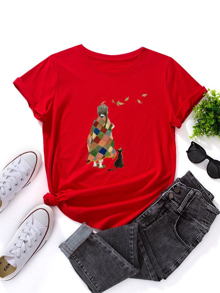 Kvinnor Tecknad Girl Cat Print O-ringad Kortärmad Casual T-shirts