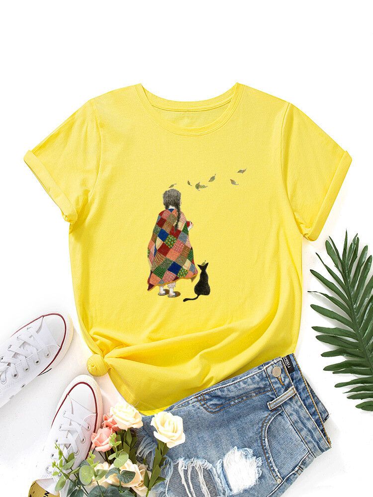 Kvinnor Tecknad Girl Cat Print O-ringad Kortärmad Casual T-shirts