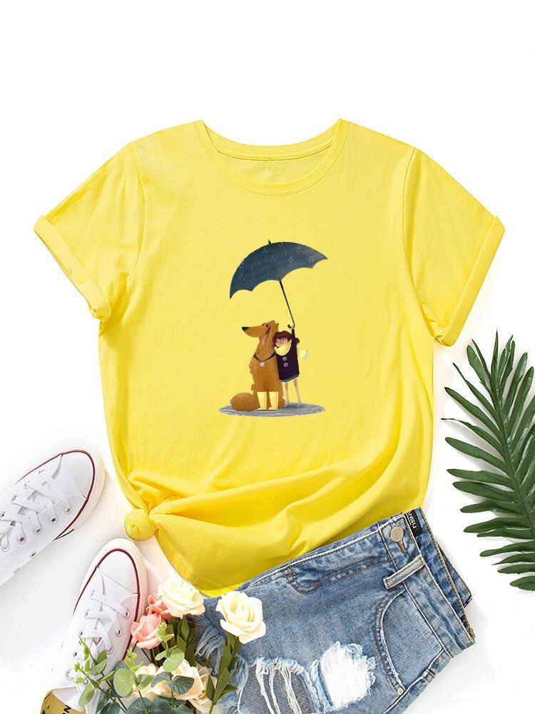 Kvinnor Tecknad Hund Och Figur Grafisk O-ringad Kortärmad Casual T-shirts