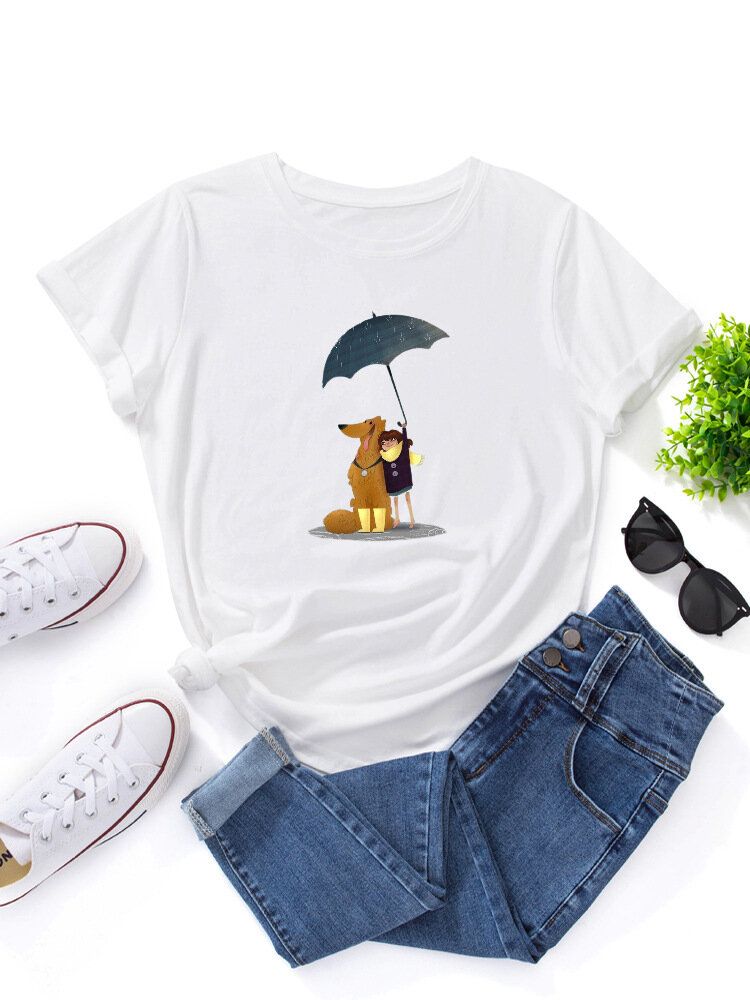 Kvinnor Tecknad Hund Och Figur Grafisk O-ringad Kortärmad Casual T-shirts