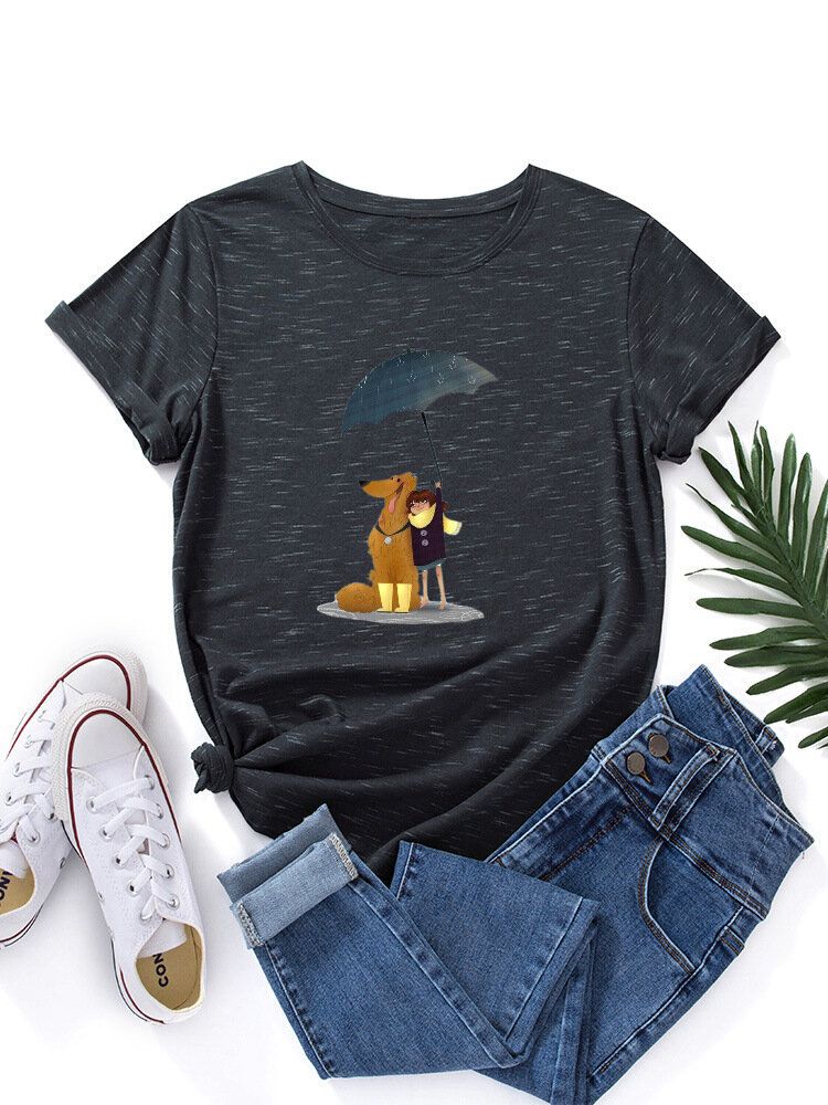 Kvinnor Tecknad Hund Och Figur Grafisk O-ringad Kortärmad Casual T-shirts