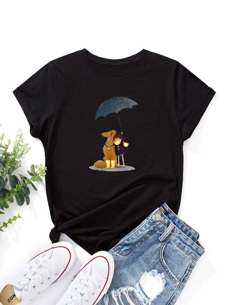 Kvinnor Tecknad Hund Och Figur Grafisk O-ringad Kortärmad Casual T-shirts