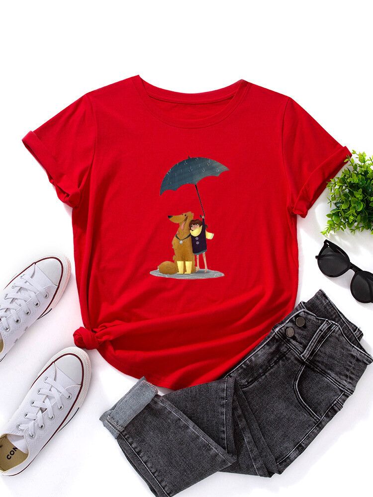 Kvinnor Tecknad Hund Och Figur Grafisk O-ringad Kortärmad Casual T-shirts