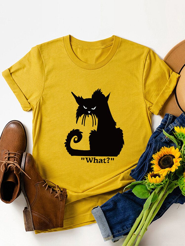 Kvinnor Tecknad Katt Bokstavstryckt O-ringad Casual Kortärmade T-shirts