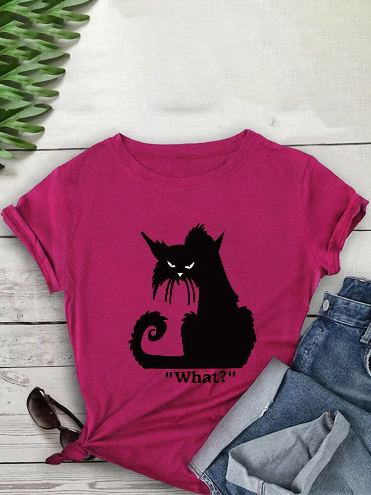 Kvinnor Tecknad Katt Bokstavstryckt O-ringad Casual Kortärmade T-shirts