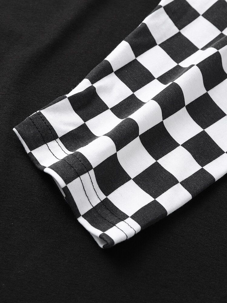 Långärmad Schackbräde För Män False Two Patchwork T-shirt