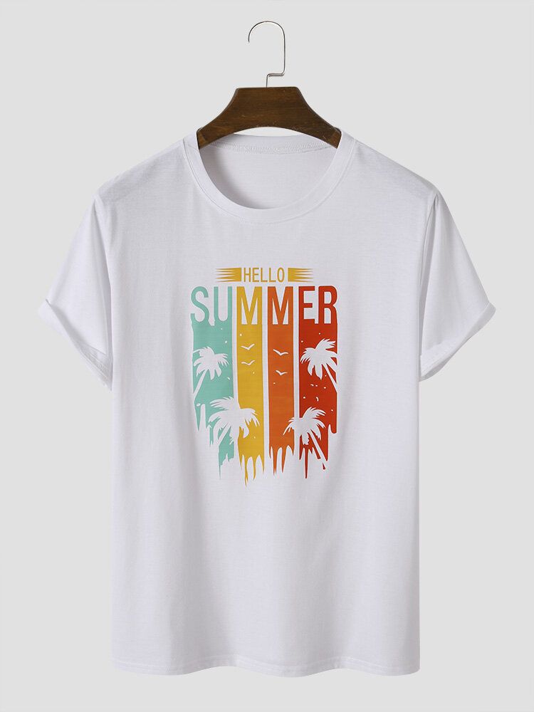 Män Bomull Letter Coconut Tree Hawaii Alla Matchade Hudvänliga T-shirts Med Rund Hals