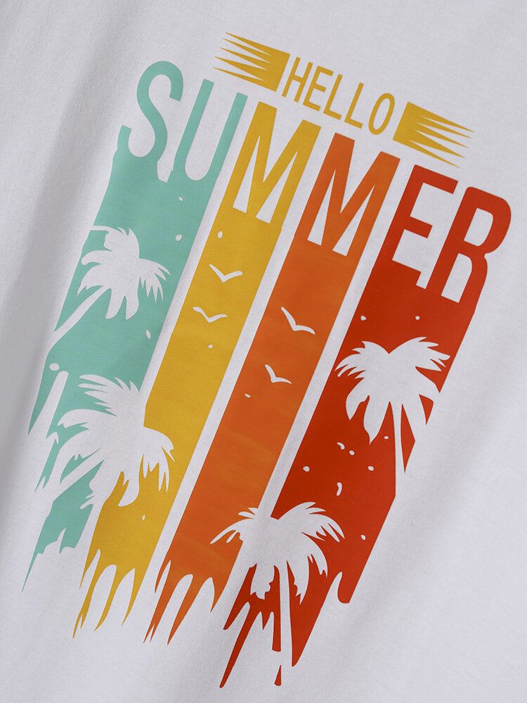 Män Bomull Letter Coconut Tree Hawaii Alla Matchade Hudvänliga T-shirts Med Rund Hals