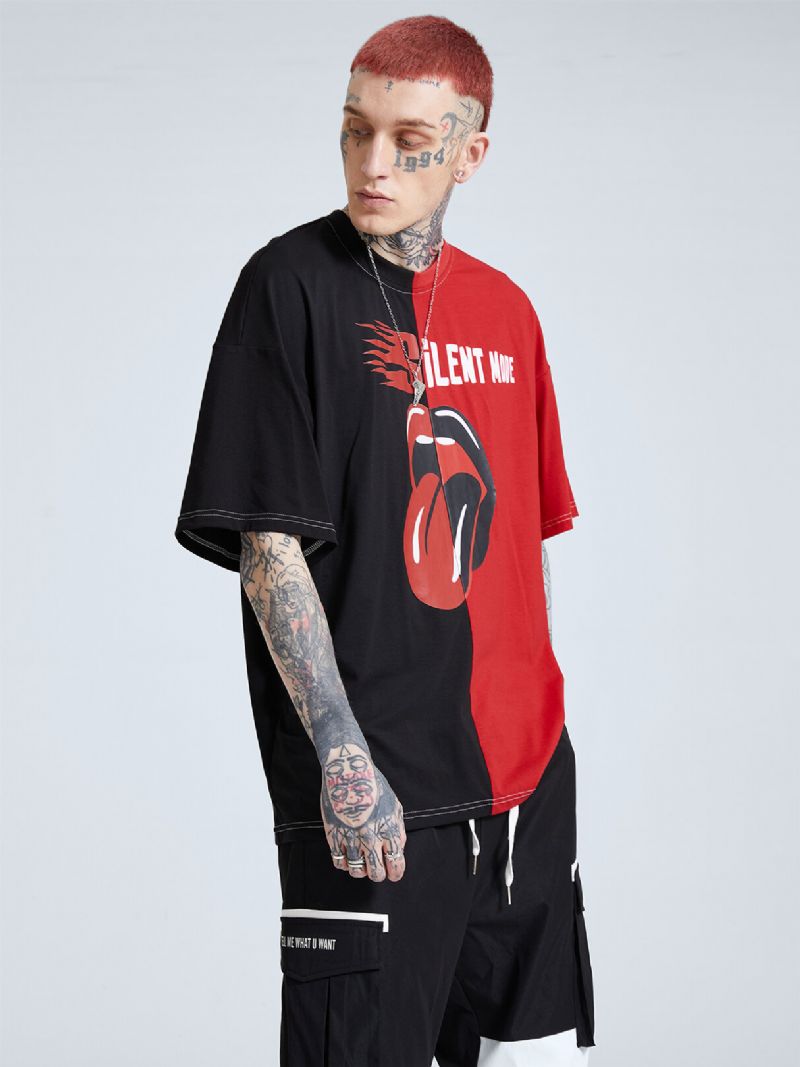 Män Color Block Lip And Flame Print Two Tone Letter Graffiti Casual T-shirt