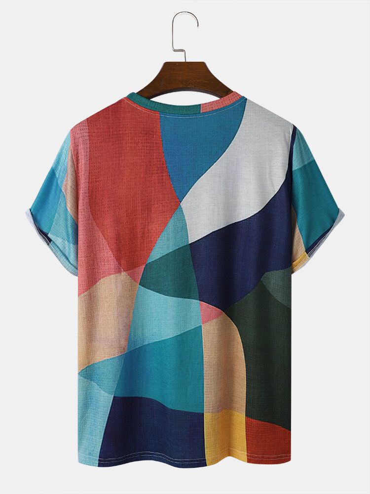 Män Geometriskt Färgblock Abstrakt Tryck Med Rund Hals Mjuka Andas T-shirts