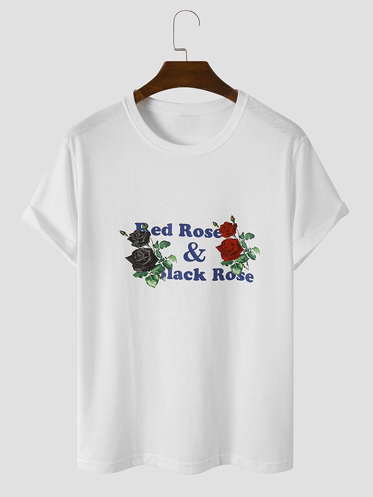 Män Letter Rose Print Graceful All Matched Hud Friendly T-shirts Med Rund Hals