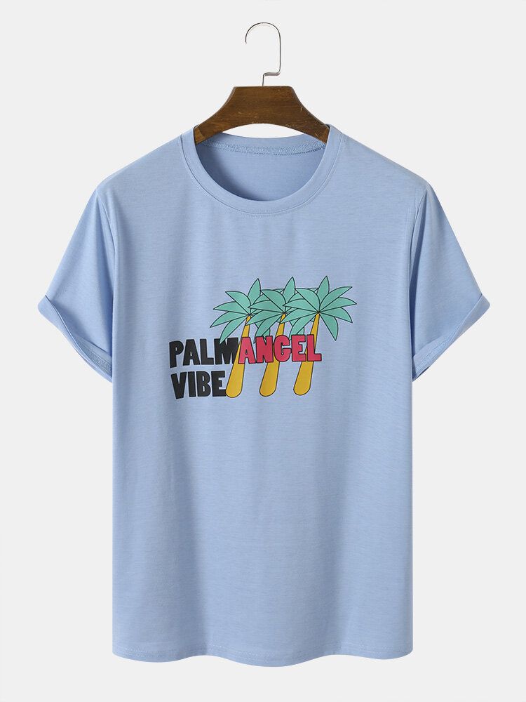 Män Palm Tree Letter Print Casual All Matchat Hudvänliga T-shirts Med Rund Hals