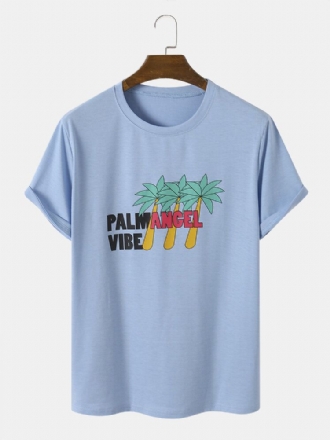 Män Palm Tree Letter Print Casual All Matchat Hudvänliga T-shirts Med Rund Hals