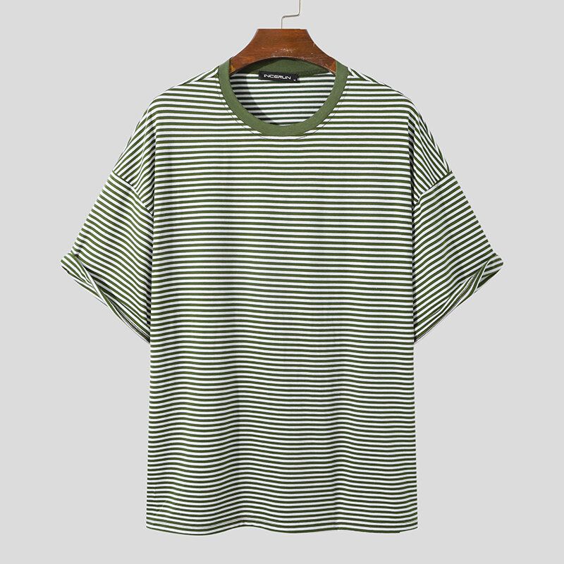 Män Pinstriped Crew Neck Halvärm Lös Casual T-shirts