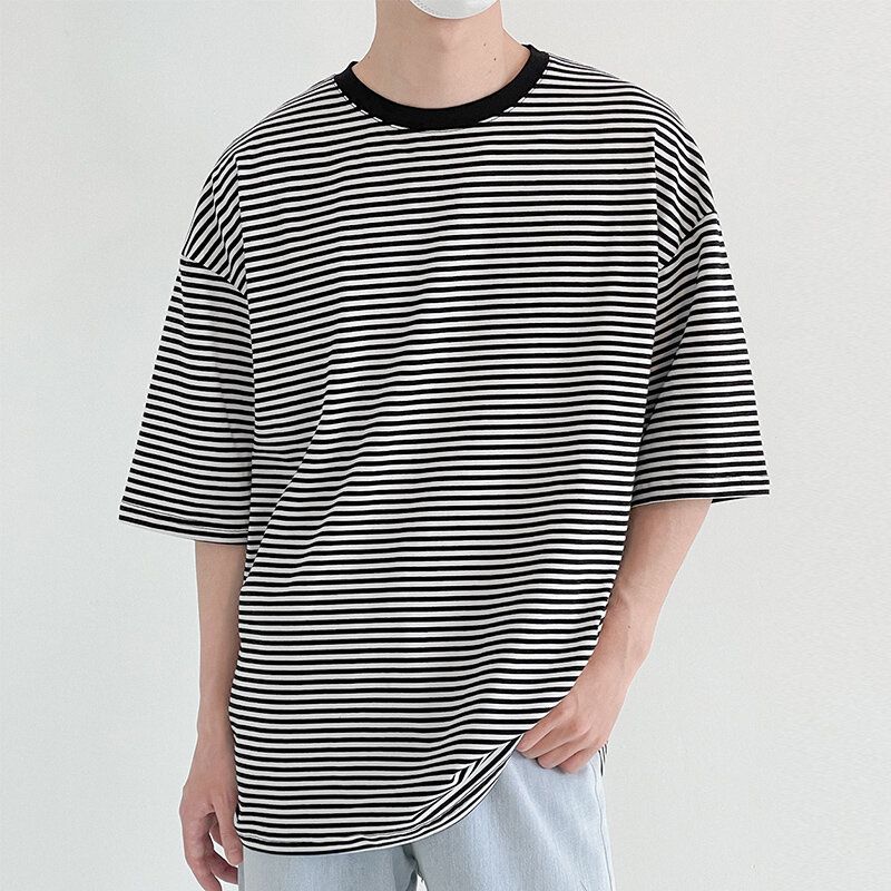 Män Pinstriped Crew Neck Halvärm Lös Casual T-shirts