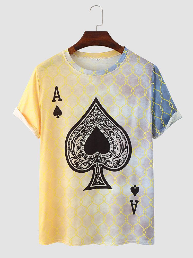 Män Poker Spade Ombre Print Hem Cuff Rundhals Casual T-shirt