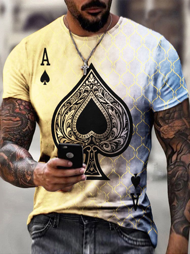 Män Poker Spade Ombre Print Hem Cuff Rundhals Casual T-shirt