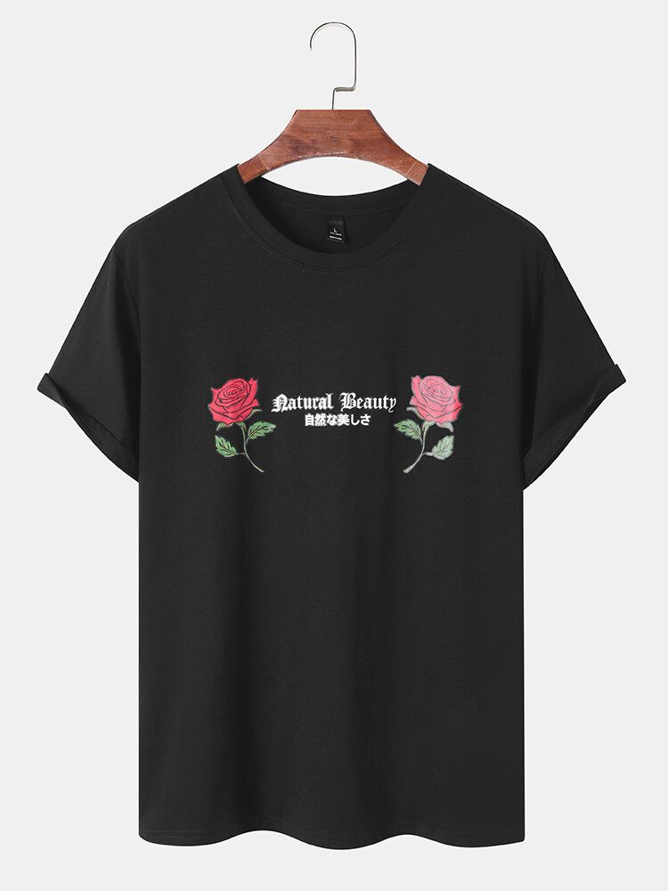 Män Rose Letter Graphic All Matchad Hudvänlig Fritid Kortärmad T-shirt