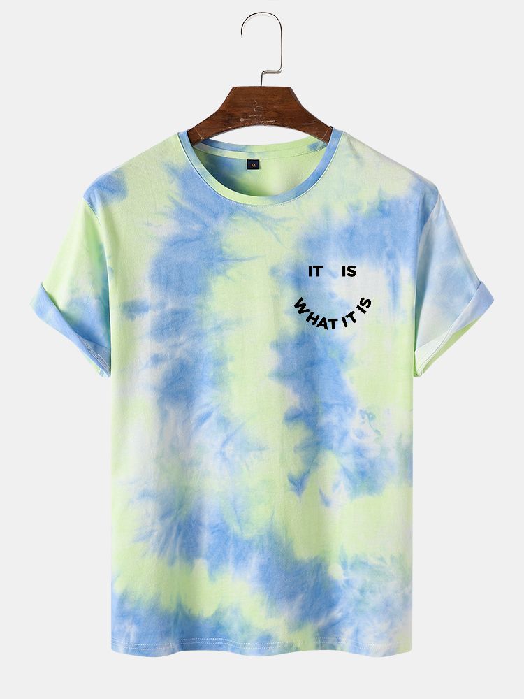 Mäns Smile Letter Print Tie Dye Crew Neck Street T-shirts