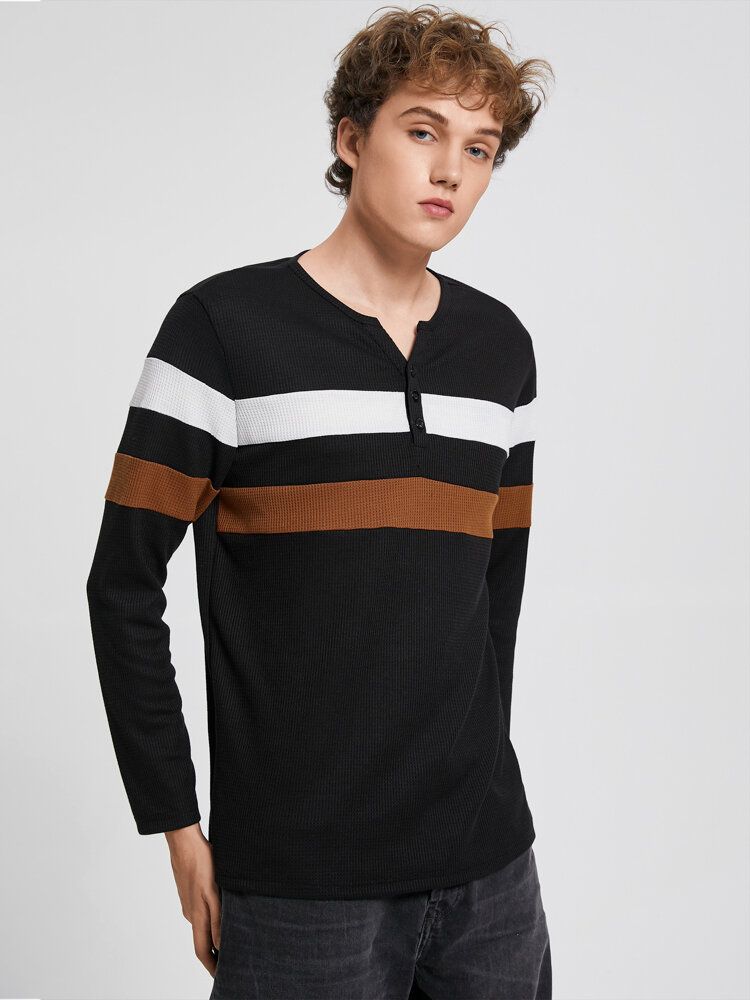 Randig Tröja För Män Med Knäppning Med Hackkrage Patchwork Henley T-shirt