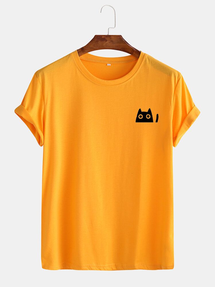 Söt Katt För Män I Enfärgad O-ringad Kortärmad T-shirt