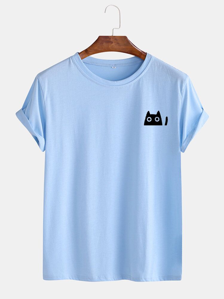 Söt Katt För Män I Enfärgad O-ringad Kortärmad T-shirt