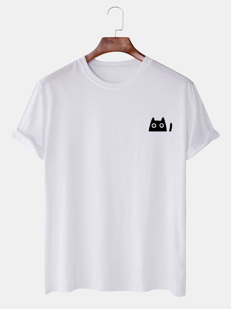 Söt Katt För Män I Enfärgad O-ringad Kortärmad T-shirt