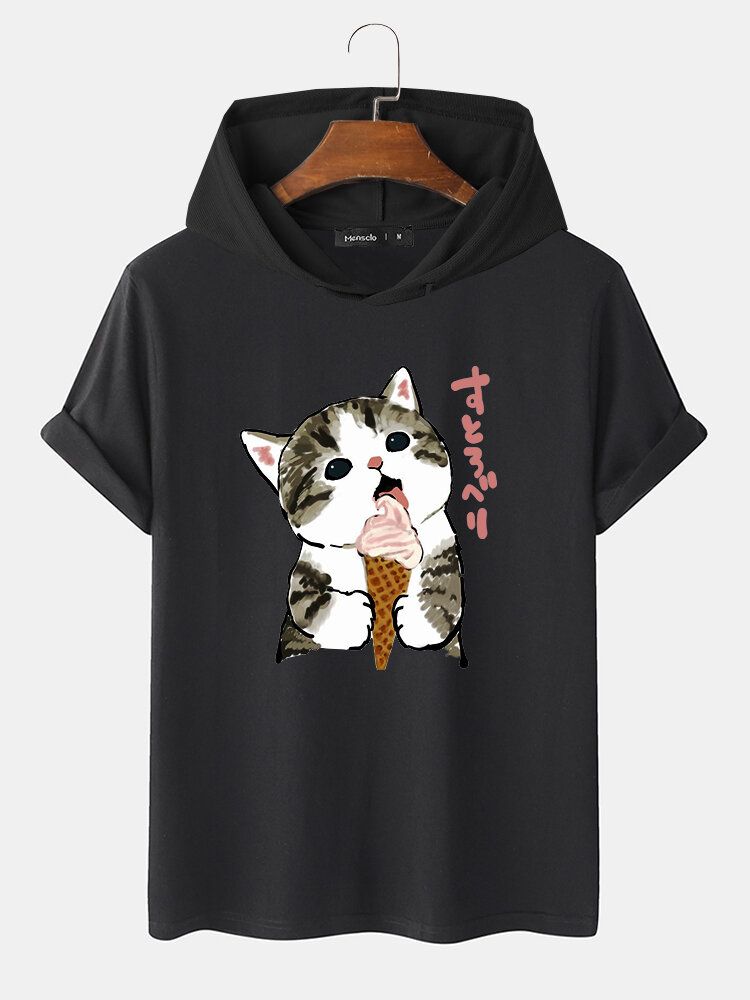 Söt Katt För Män Japanskt Tryck Kortärmad Dragsko T-shirts Med Huv